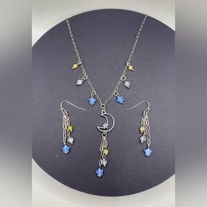 🌜💫Blue Calcite Clear Quartz Yellow Opal Celestial Necklace Earrings Set